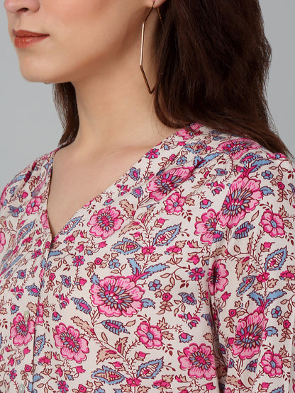 Women's Casual  Pink Floral Print V neck Top