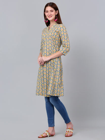 Women's Mustard Floral Printed Three Quarter Sleeves Kurti