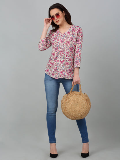 Women's Casual  Pink Floral Print V neck Top