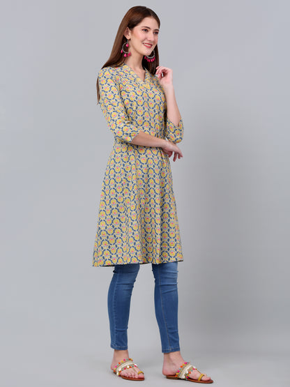 Women's Mustard Floral Printed Three Quarter Sleeves Kurti