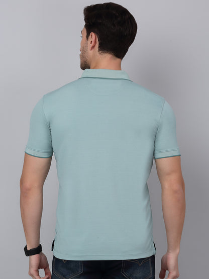 Men's Aqua Blue Solid Polo Neck T-shirt