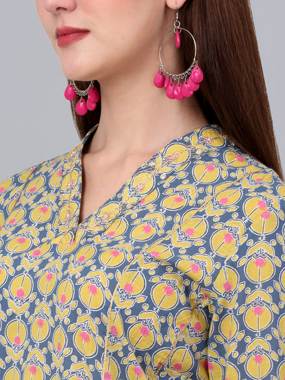 Women's Mustard Floral Printed Three Quarter Sleeves Kurti