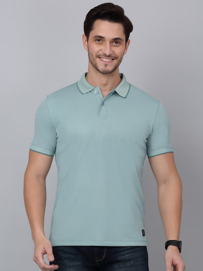 Men's Aqua Blue Solid Polo Neck T-shirt