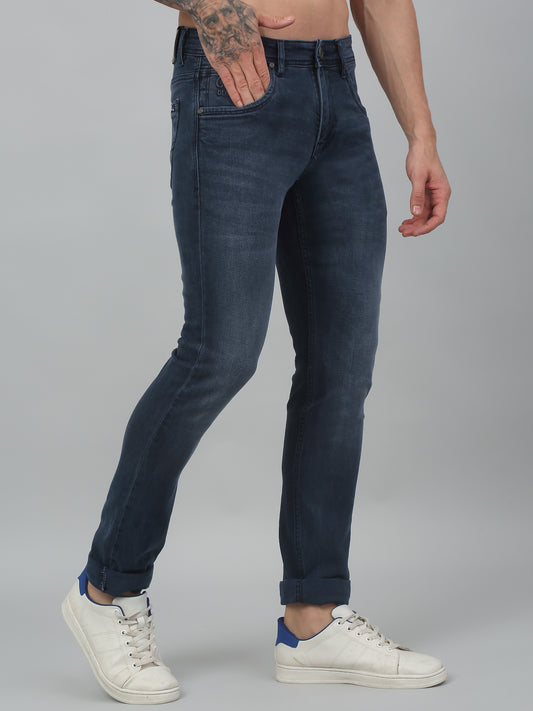 Denim Jeans for Men l Breathable & Soft with Color Fastness Ultra Narrow Fit Cotton Fabric Solid Pattern Button Closure