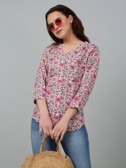 Women's Casual  Pink Floral Print V neck Top