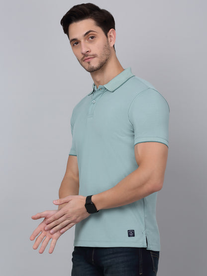 Men's Aqua Blue Solid Polo Neck T-shirt