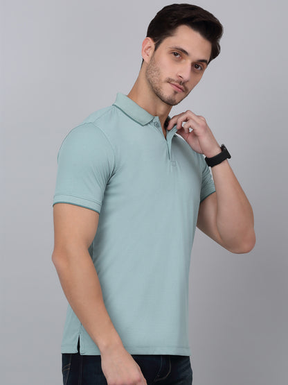 Men's Aqua Blue Solid Polo Neck T-shirt