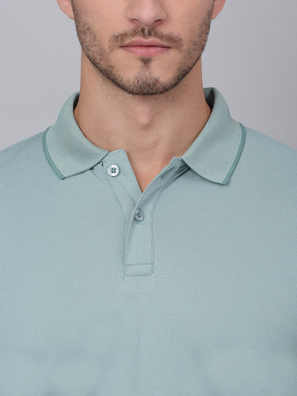 Men's Aqua Blue Solid Polo Neck T-shirt