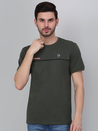 Men's Olive Green Self Design Round Neck T-shirt