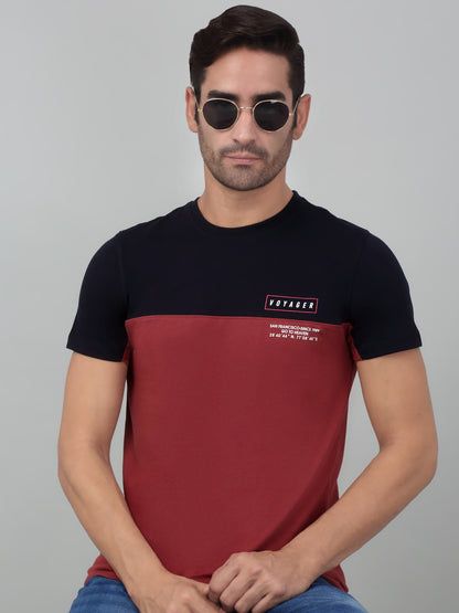 Men's Maroon Color block Round neck Half Sleeve T-Shirt with chest print