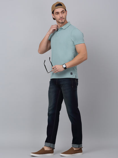 Men's Aqua Blue Solid Polo Neck T-shirt