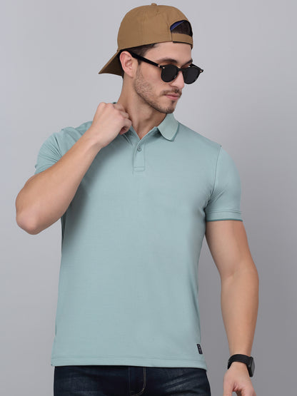 Men's Aqua Blue Solid Polo Neck T-shirt