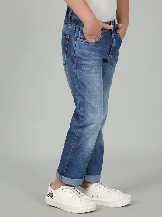 Blue Solid Cotton Denim Flat Front Mid Rise Full Length Regular Fit Casual Jeans For Boys