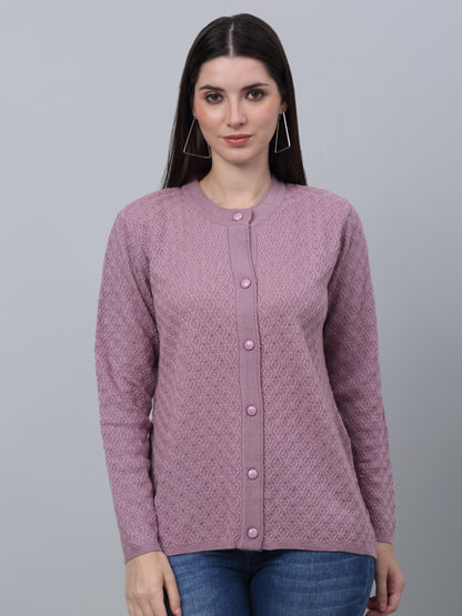 Women's Casual  Dark Pink Round neck Cardigan Sweater