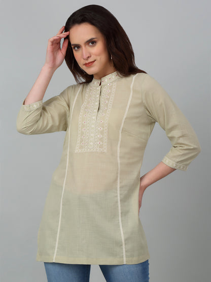 Women's Band Collar Mintgreen Embroidered Short Length Kurti