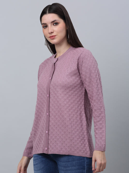 Women's Casual  Dark Pink Round neck Cardigan Sweater