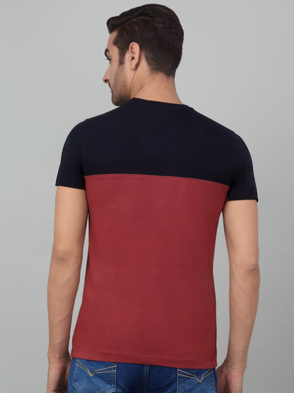 Men's Maroon Color block Round neck Half Sleeve T-Shirt with chest print