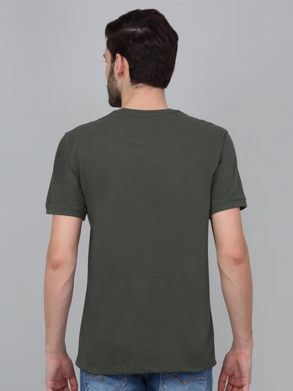 Men's Olive Green Self Design Round Neck T-shirt