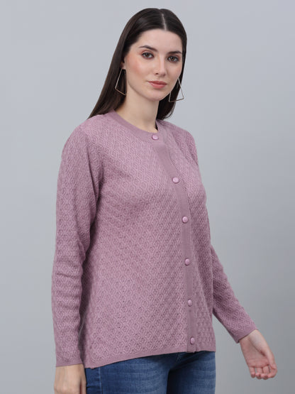 Women's Casual  Dark Pink Round neck Cardigan Sweater