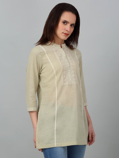 Women's Band Collar Mintgreen Embroidered Short Length Kurti