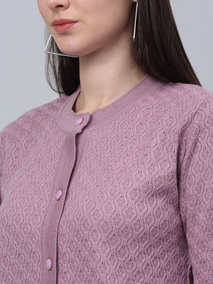 Women's Casual  Dark Pink Round neck Cardigan Sweater