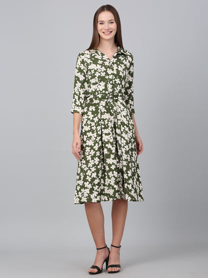 Women's Green Floral Printed Fit and Flare Casual Dress