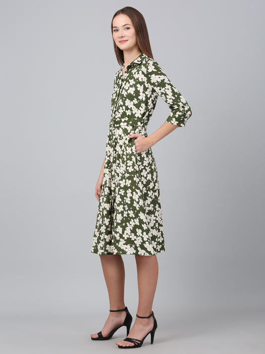 Women's Green Floral Printed Fit and Flare Casual Dress