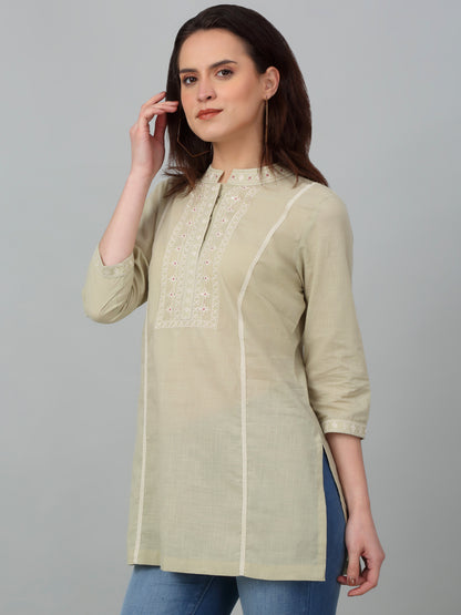 Women's Band Collar Mintgreen Embroidered Short Length Kurti