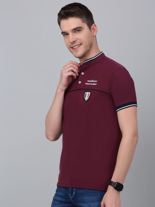 T-Shirt for Men | Breathable & Soft with Color Fastness Regular Fit Mandarin Collar Poly Cotton Fabric Solid Pattern