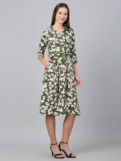 Women's Green Floral Printed Fit and Flare Casual Dress