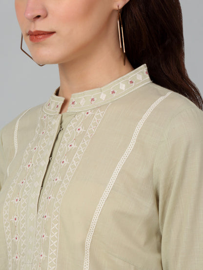 Women's Band Collar Mintgreen Embroidered Short Length Kurti