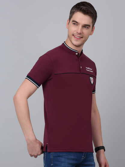 Men's Maroon Printed Mandarin Collar T-shirt