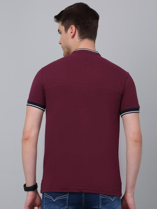 T-Shirt for Men | Breathable & Soft with Color Fastness Regular Fit Mandarin Collar Poly Cotton Fabric Solid Pattern