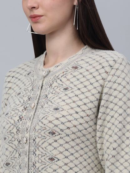 Women's Casual  Beige Round neck Cardigan Sweater