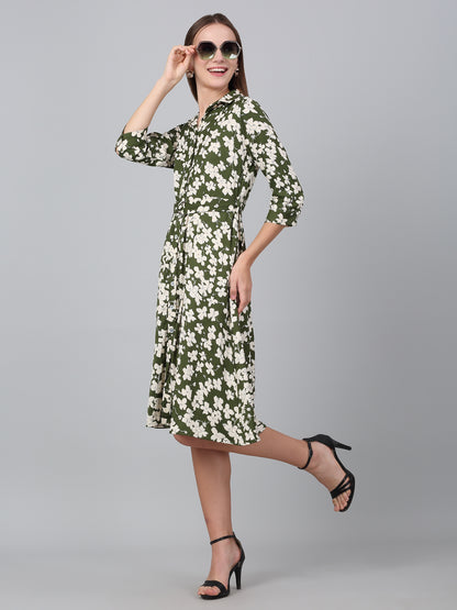 Women's Green Floral Printed Fit and Flare Casual Dress