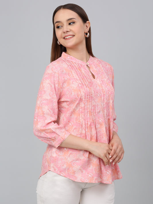 Women Pink Printed Mandarin Collar Casual Tunic