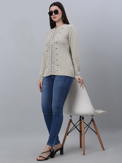 Women's Casual  Beige Round neck Cardigan Sweater