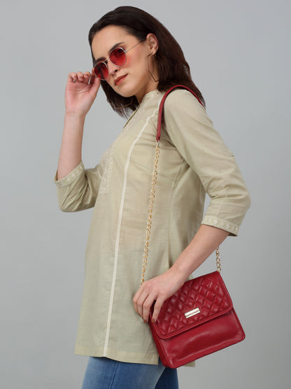 Women's Band Collar Mintgreen Embroidered Short Length Kurti