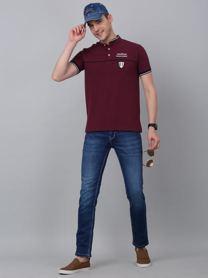 Men's Maroon Printed Mandarin Collar T-shirt