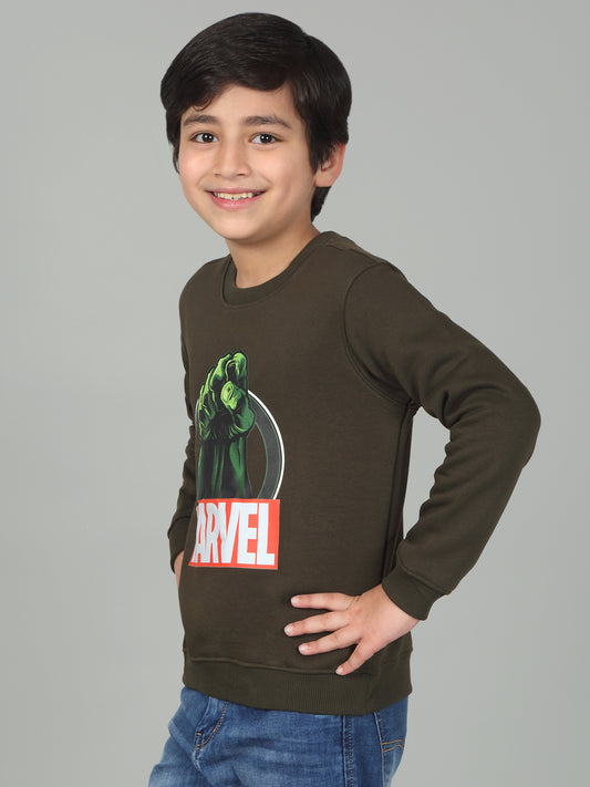 Boys Green Printed Round Neck Full Sleeves Casual Sweatshirt