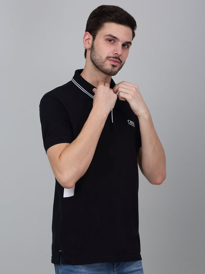 Men's Navy Blue Solid Polo Neck T-shirt