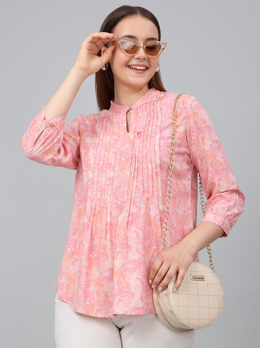 Women Pink Printed Mandarin Collar Casual Tunic