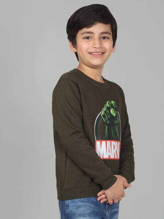 Boys Green Printed Round Neck Full Sleeves Casual Sweatshirt