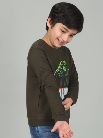 Boys Green Printed Round Neck Full Sleeves Casual Sweatshirt