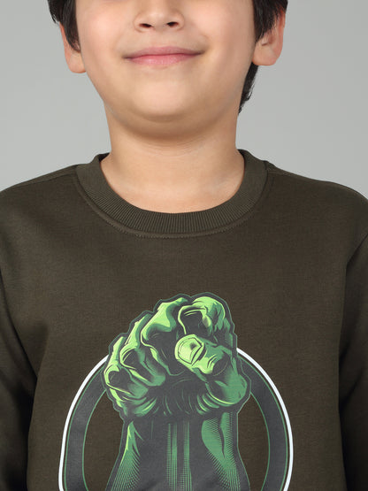 Boys Green Printed Round Neck Full Sleeves Casual Sweatshirt