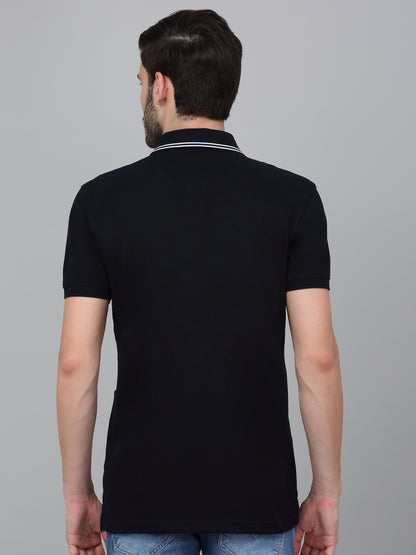 Men's Navy Blue Solid Polo Neck T-shirt