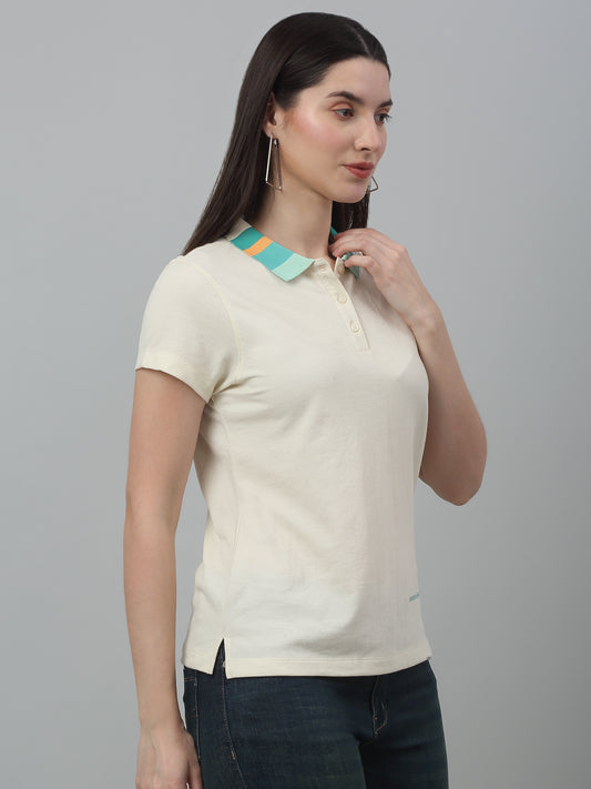 Women's Casual Regular Short Sleeve Beige Polo neck Contrast stitch detail on the sides T-Shirt