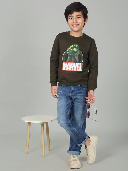 Boys Green Printed Round Neck Full Sleeves Casual Sweatshirt