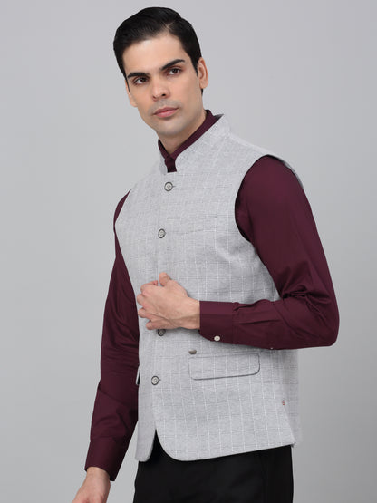 Men Grey Checkered Mandarin Collar Casual Waistcoat