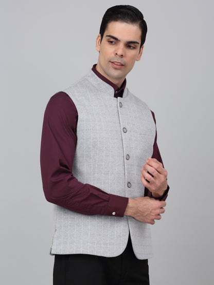 Men Grey Checkered Mandarin Collar Casual Waistcoat